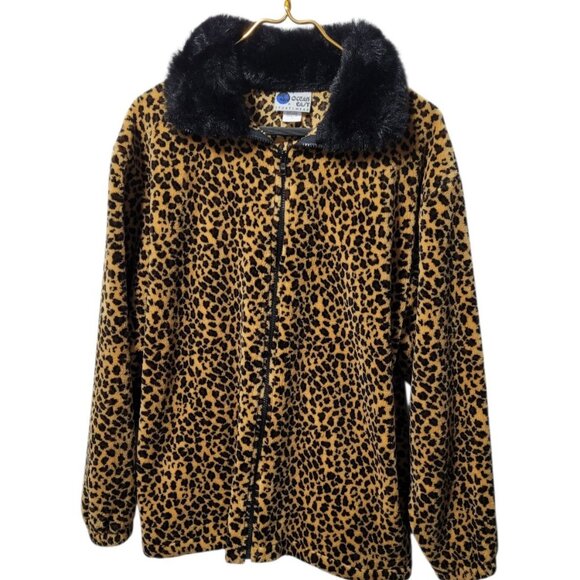 Vtg Ocean East Fleece Jacket Women’s M Leopard Print Faux Fur Collar Zip Up - Picture 3 of 15